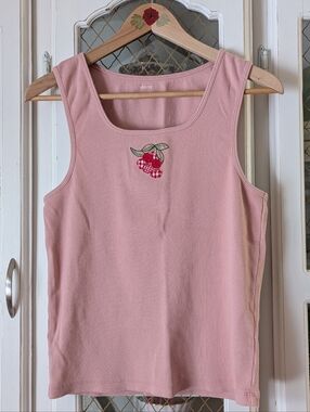 Maeve Pink Sleeveless Ribbed Tank Top with Cherry Embroidery Anthropologie
